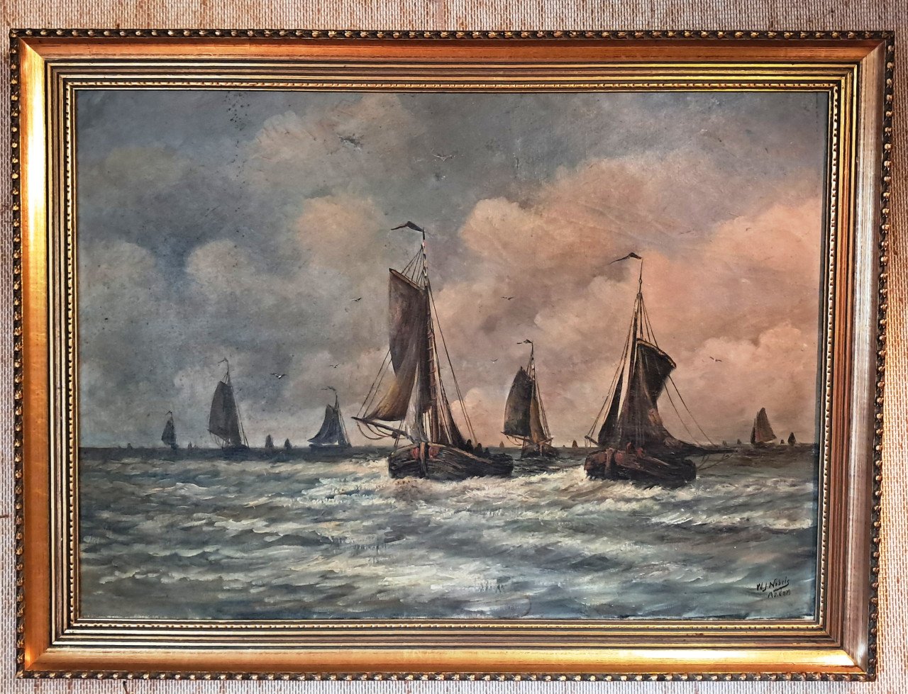Prachtig schilderij vissersboten botters op weg naar het strand