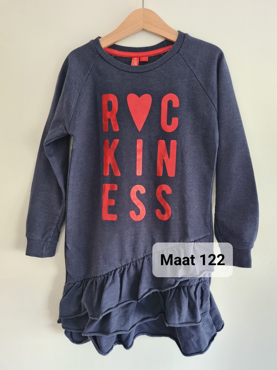 Blauwe lange sweater / jurk van Girls Maat 122