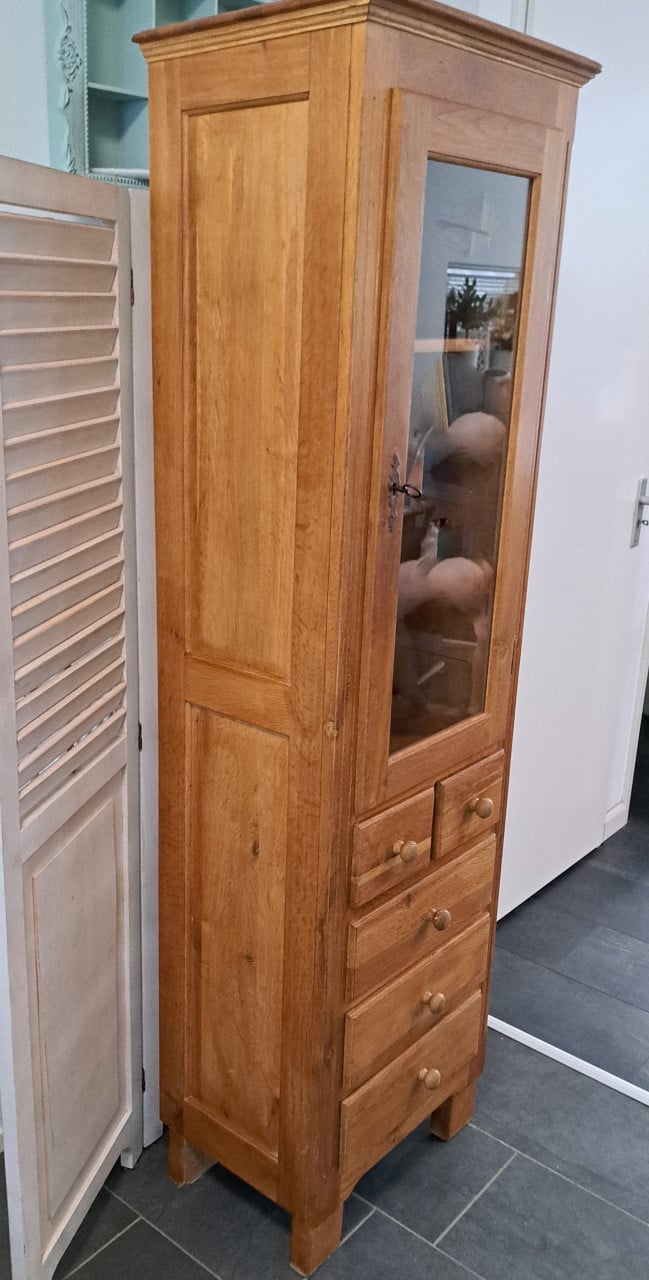 🌞 Mooie oude massief eiken hoge kast met vitrinegedeelte en 5 laden 🌞