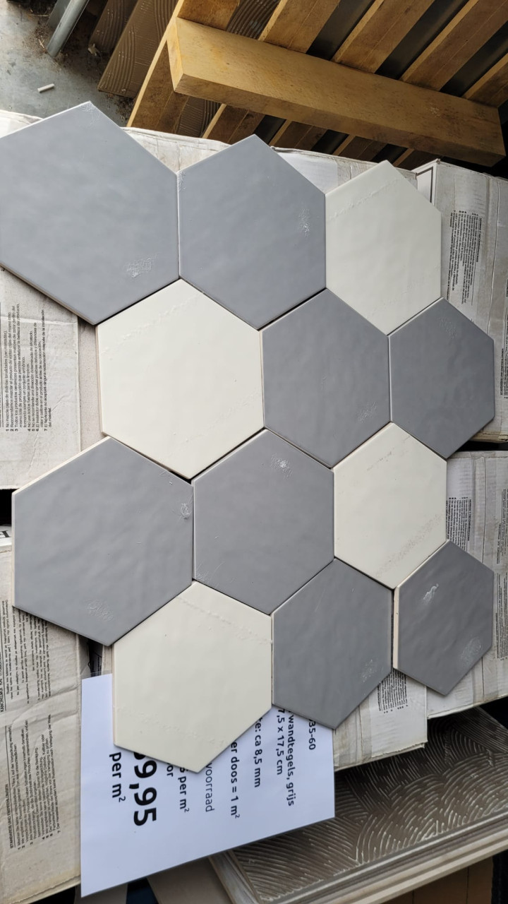 3035-60 Hexagon wandtegels 17,5x17,5 cm, grijs, per m² van € 64,95 voor