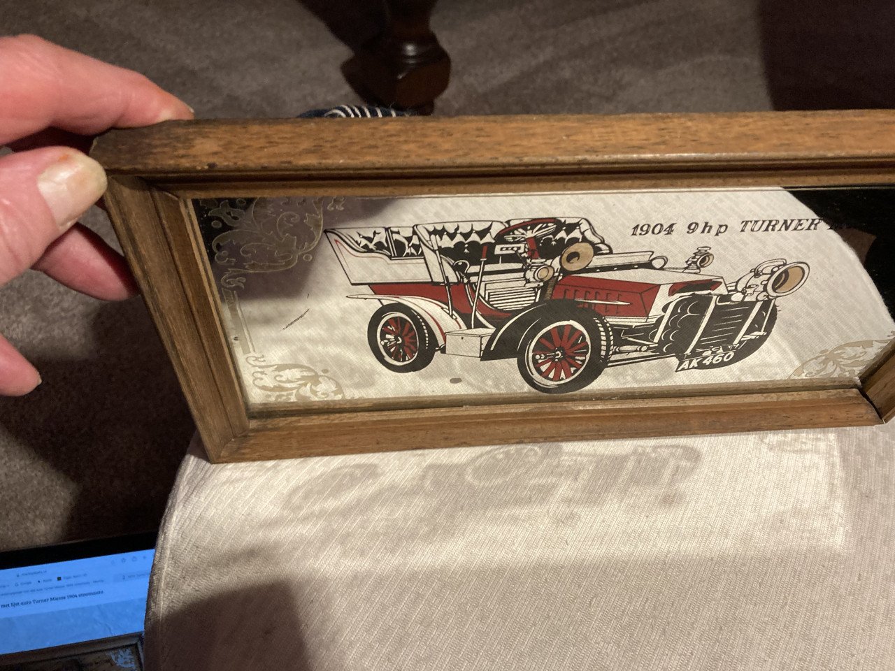 Reclamespiegel met lijst auto Turner Miesse 1904 stoomauto