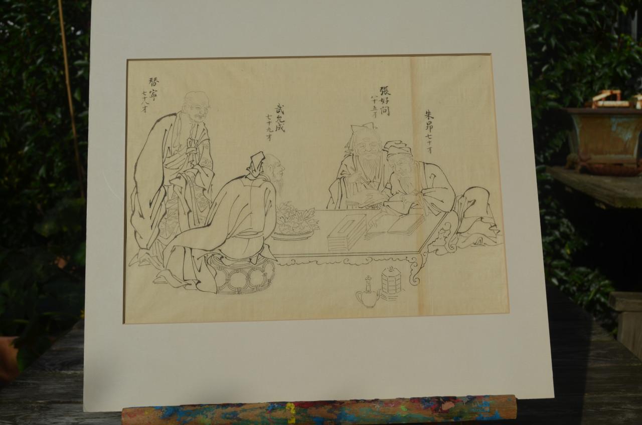 Mooie Chinese tekening Confuciaanse geleerden ca. 1900 (1) deels geinkt.