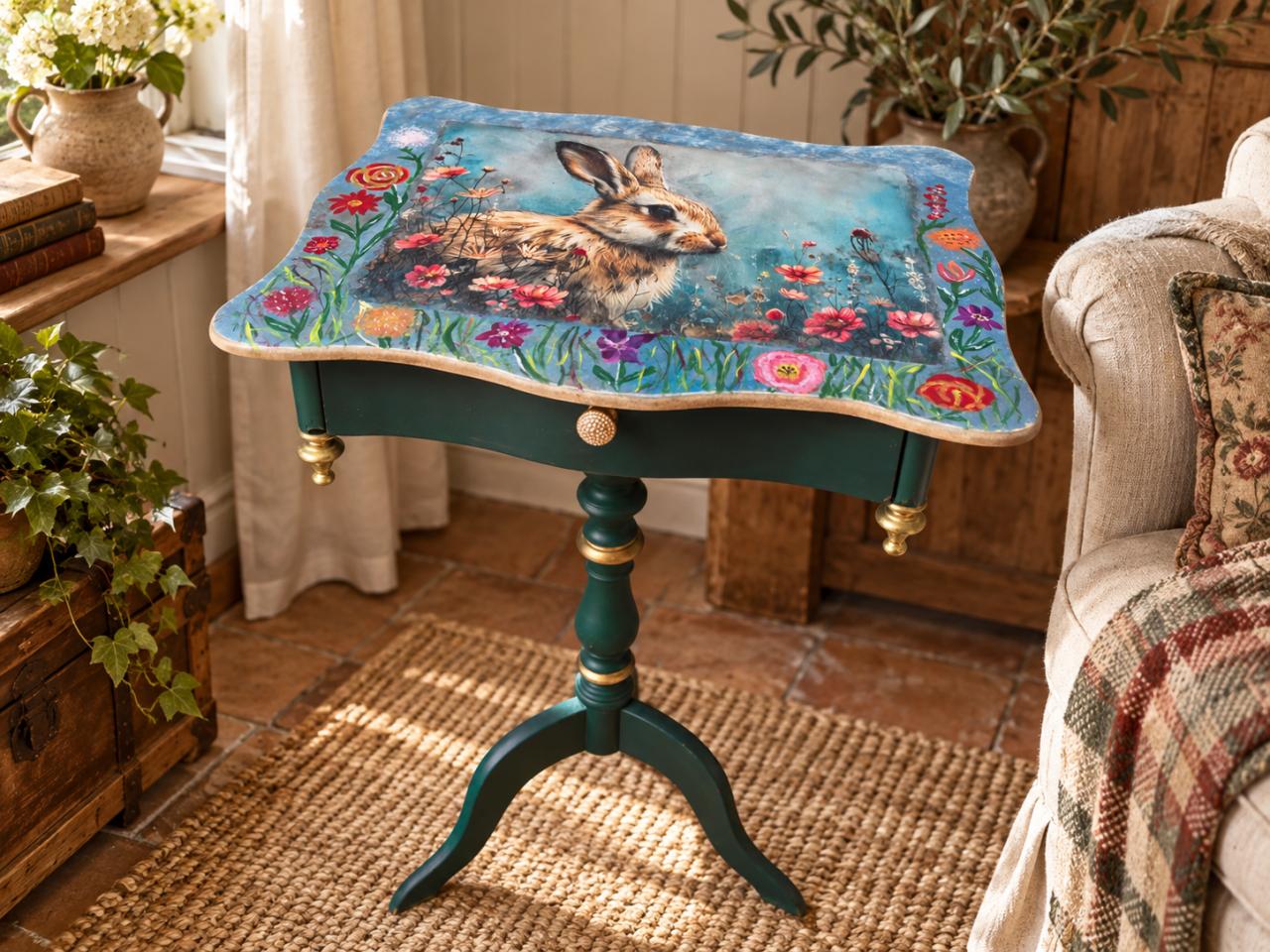 Uniek tafeltje met konijn en bloemen