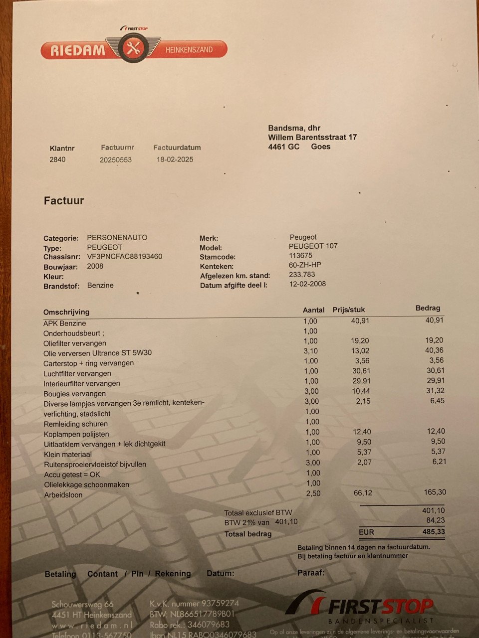 Peugeot 107 1.0 12V 5DR 2008 APK tot 16-03-2026