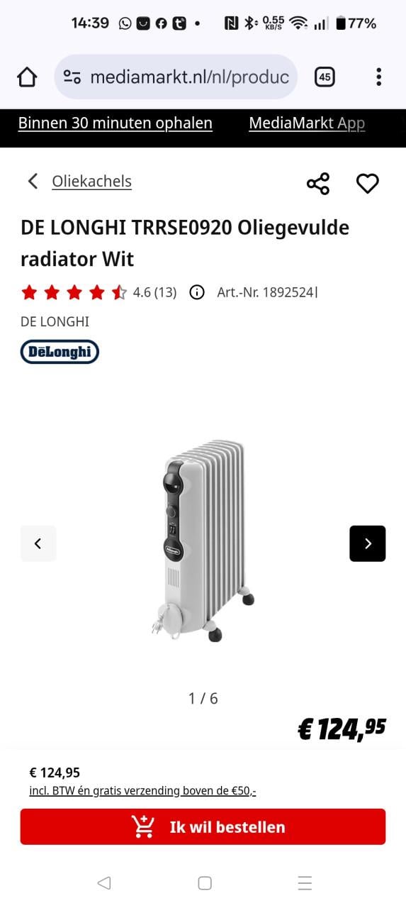 DE LONGHI TRRSE0920 Oliegevulde radiator Wit