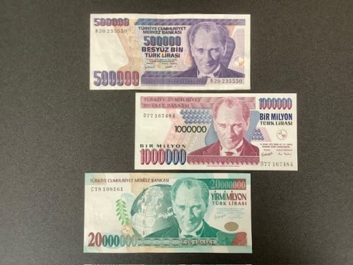 Turkije 3 bankbiljetten 500.000, 1.000.000 en 20.000.000 Lira.