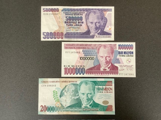 Turkije 3 bankbiljetten 500.000, 1.000.000 en 20.000.000 Lira.