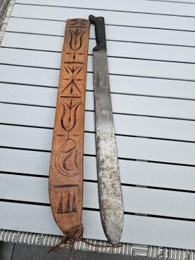 Prachtige grote Collins machete Wo2 met leren schede...