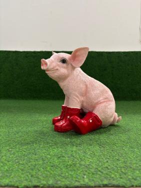 Varken zittend met rode laarzen