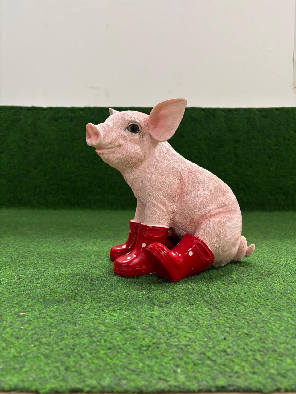 Varken zittend met rode laarzen