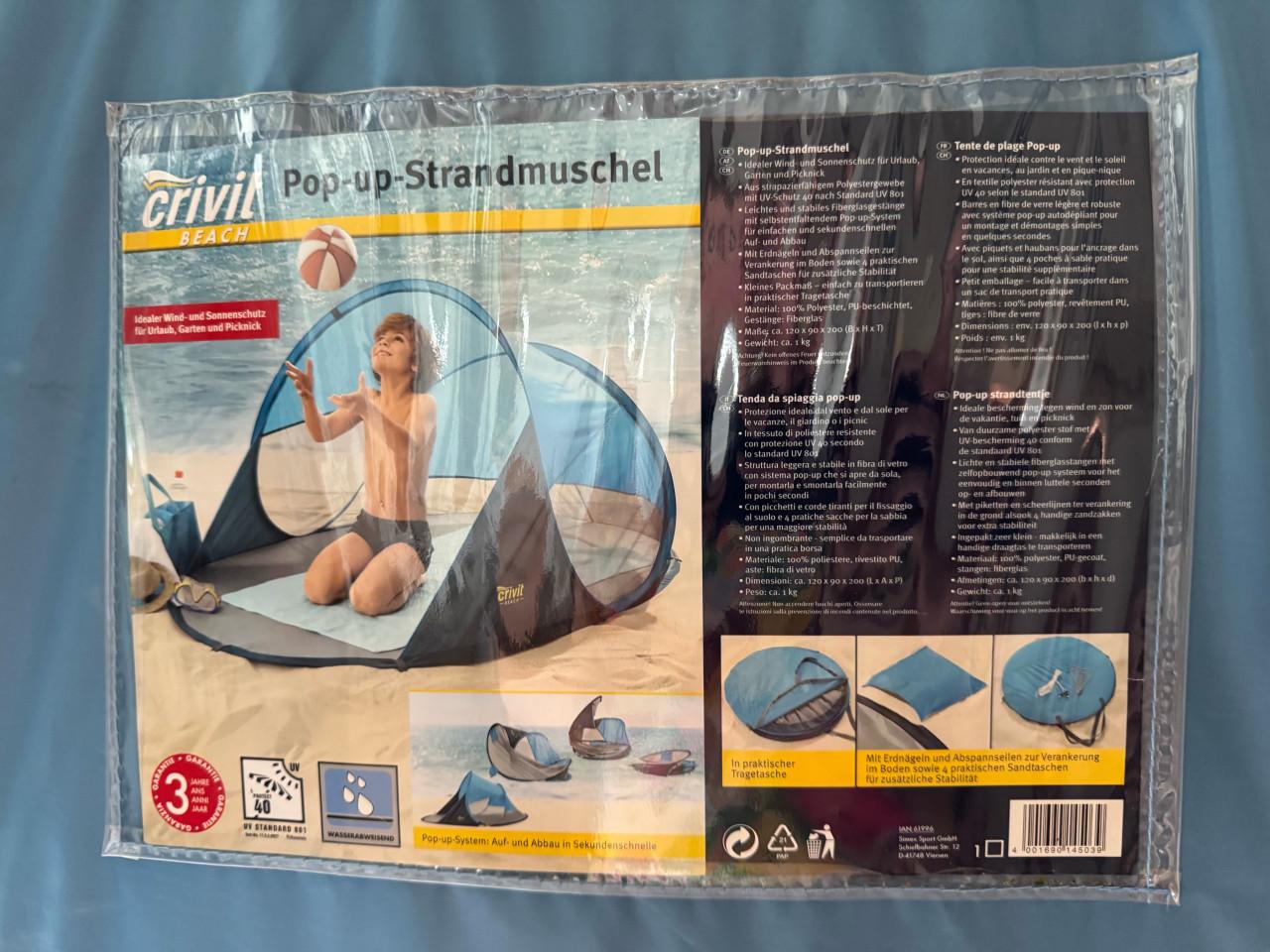 Blauwe Crivit pop-up strandtent in draagtas
