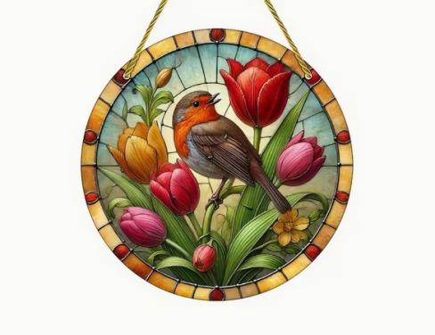 Raamhanger roodborst + tulp ( mooi kleurrijk )