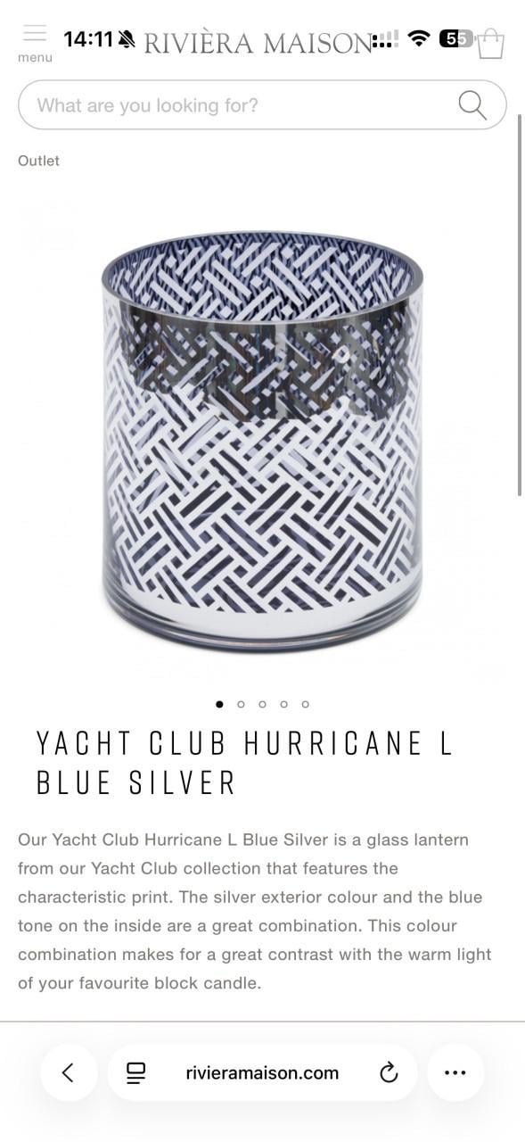 Riviera Maison YACHT CLUB HURRICANE L BLUE SILVER glas lantaarn.