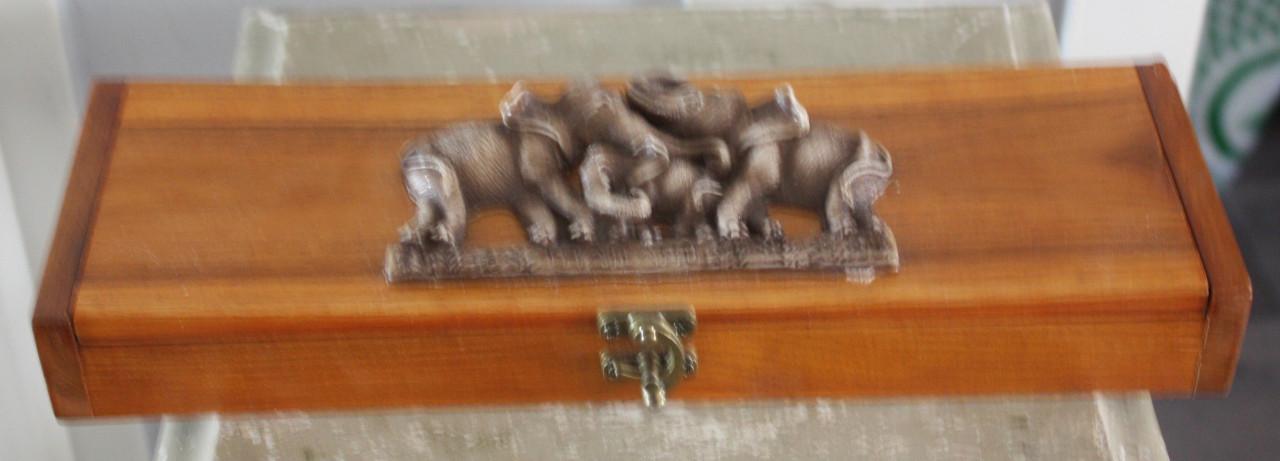 Houten doosje met oliefanten print met chinese stokjes