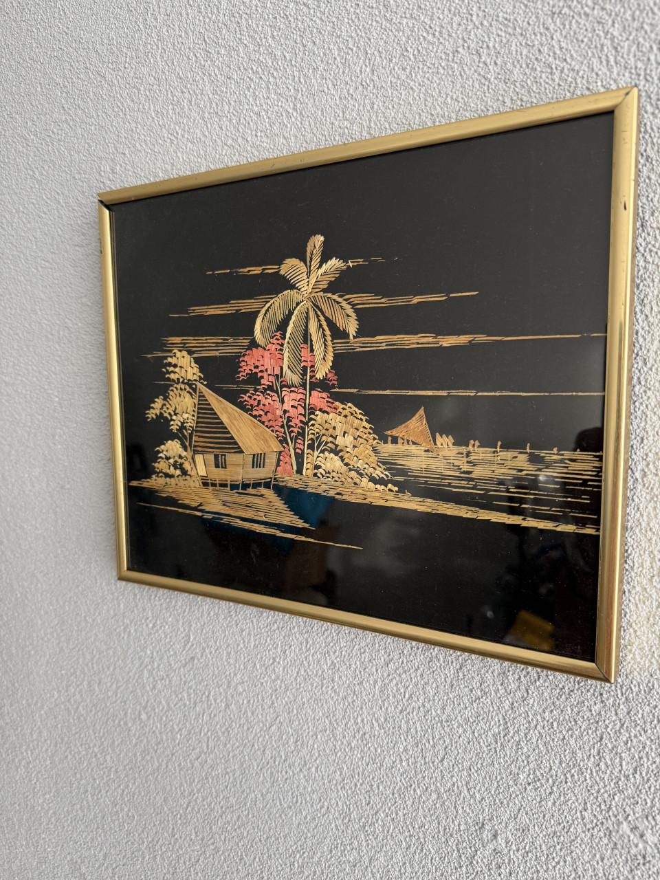 Vintage retro Aziatische rijststro kunst. (2 stuks)