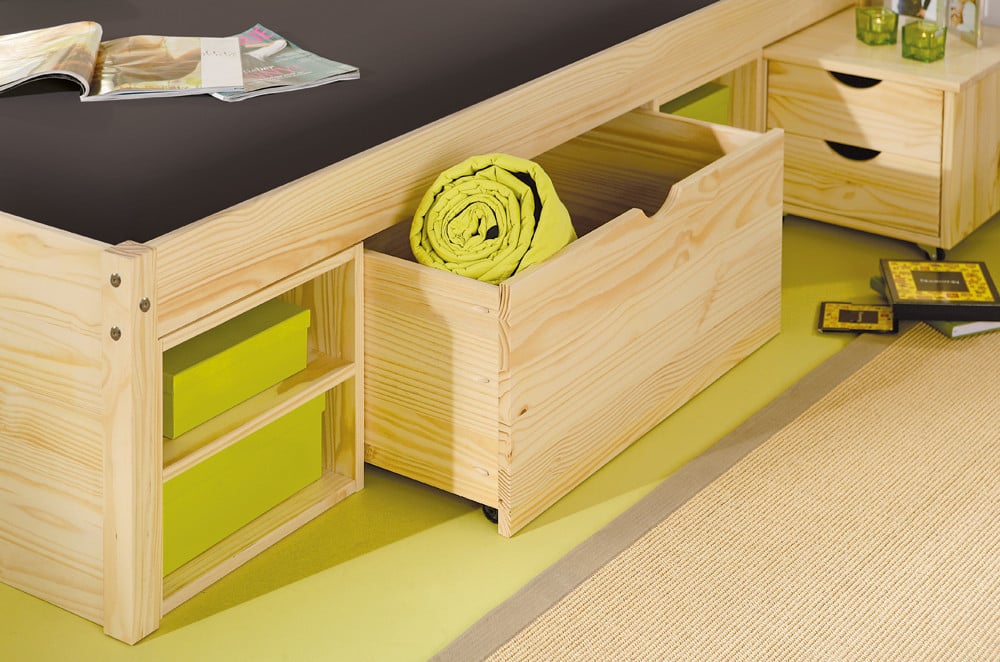 Massief houten bed in Wit of Natuur met laden en nachtkastje