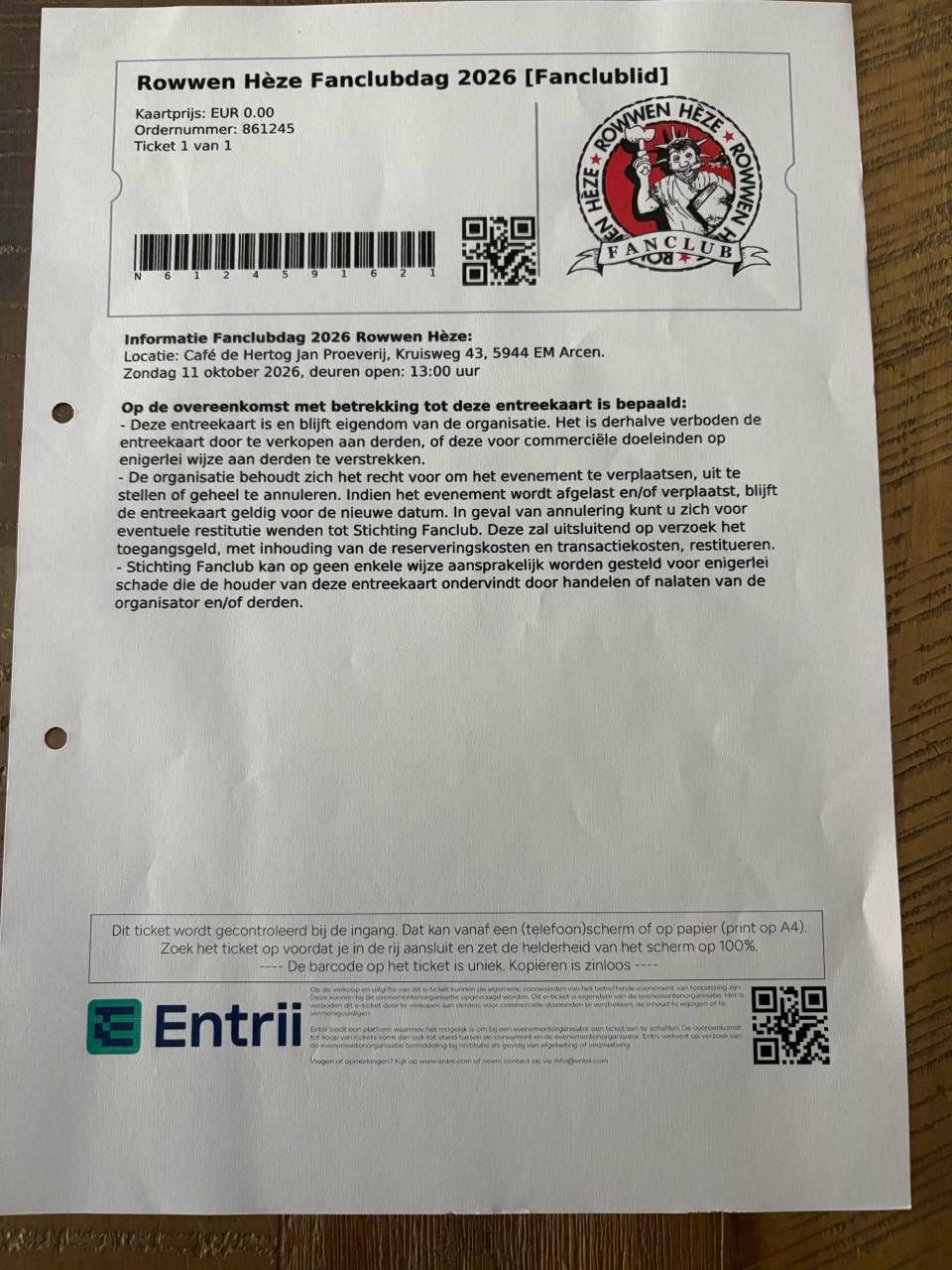 2x toegangs E-ticket Fandag Rowwen Héze.