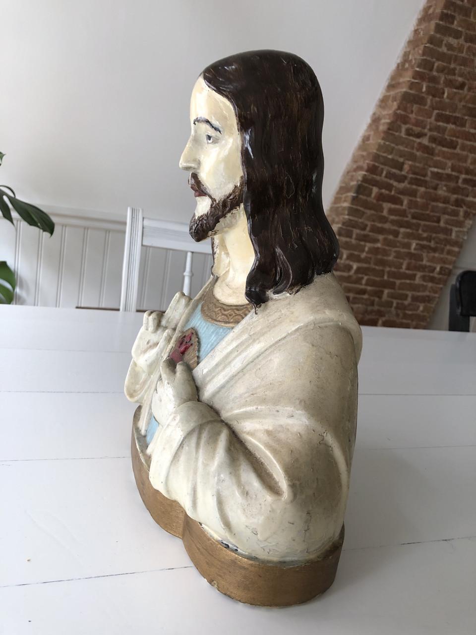 Mooi groot brocante heilig Jezus Christus borstbeeld van gips