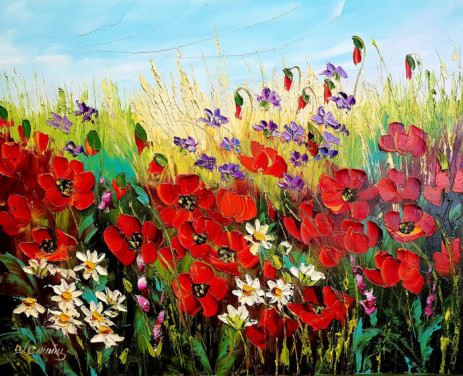 " Flowers in the Meadow "Prachtig Olieverfschilderij van Urszula Lemańska