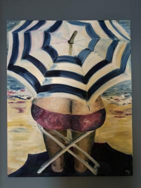 Vrouw op strand, gesigneerd MK, 100x80 cm