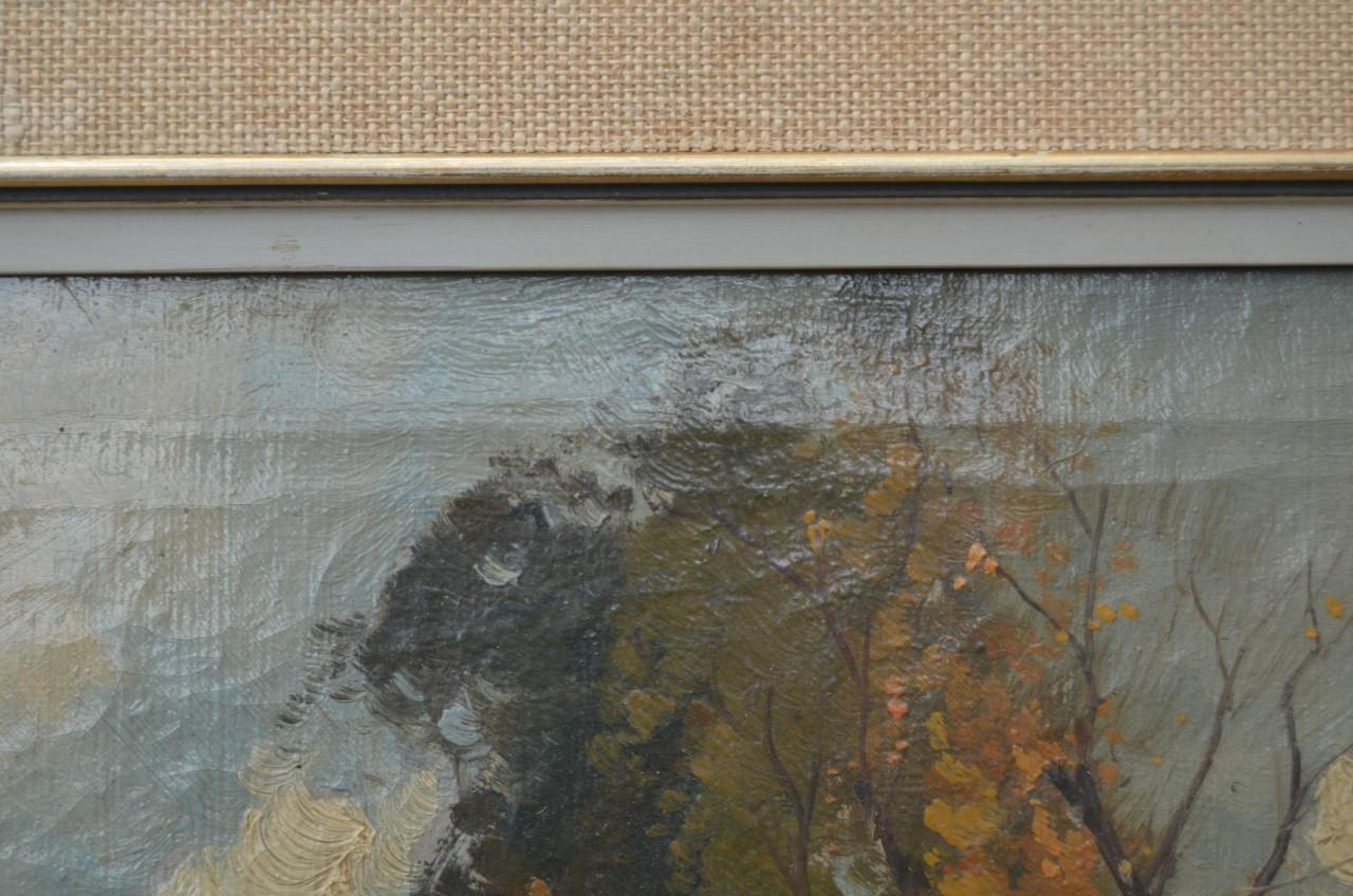 Olie op doek boerderijtje in landschap 19e eeuws.