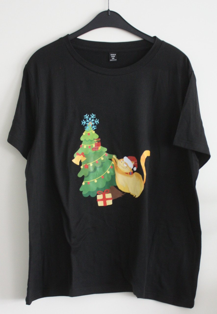 T-shirt zwart kerstboom met kat maat xl