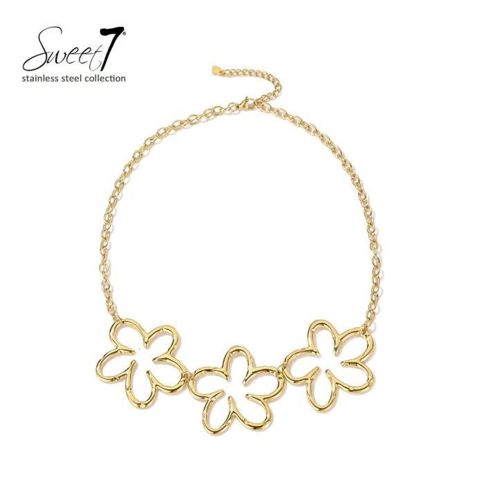 Halsketting goudkleurig met drie bloemen modern en stijlvol design