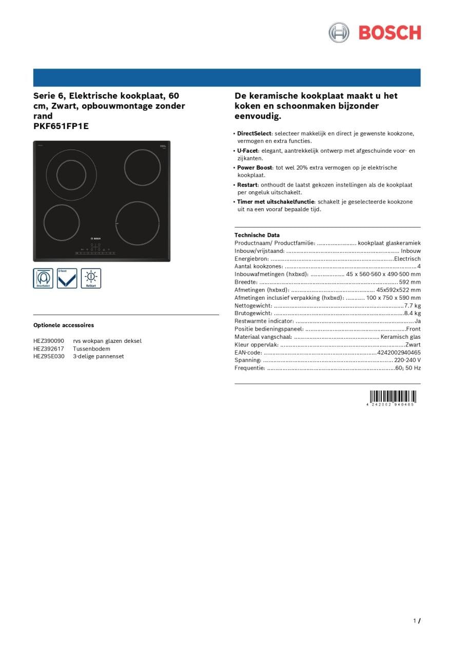 Bosch PKF651FP1E  /  60 cm brede keramische  inbouw kookplaat.  ZGAN