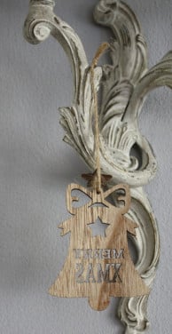 Houten kerstboom hanger bel en tekst xmas