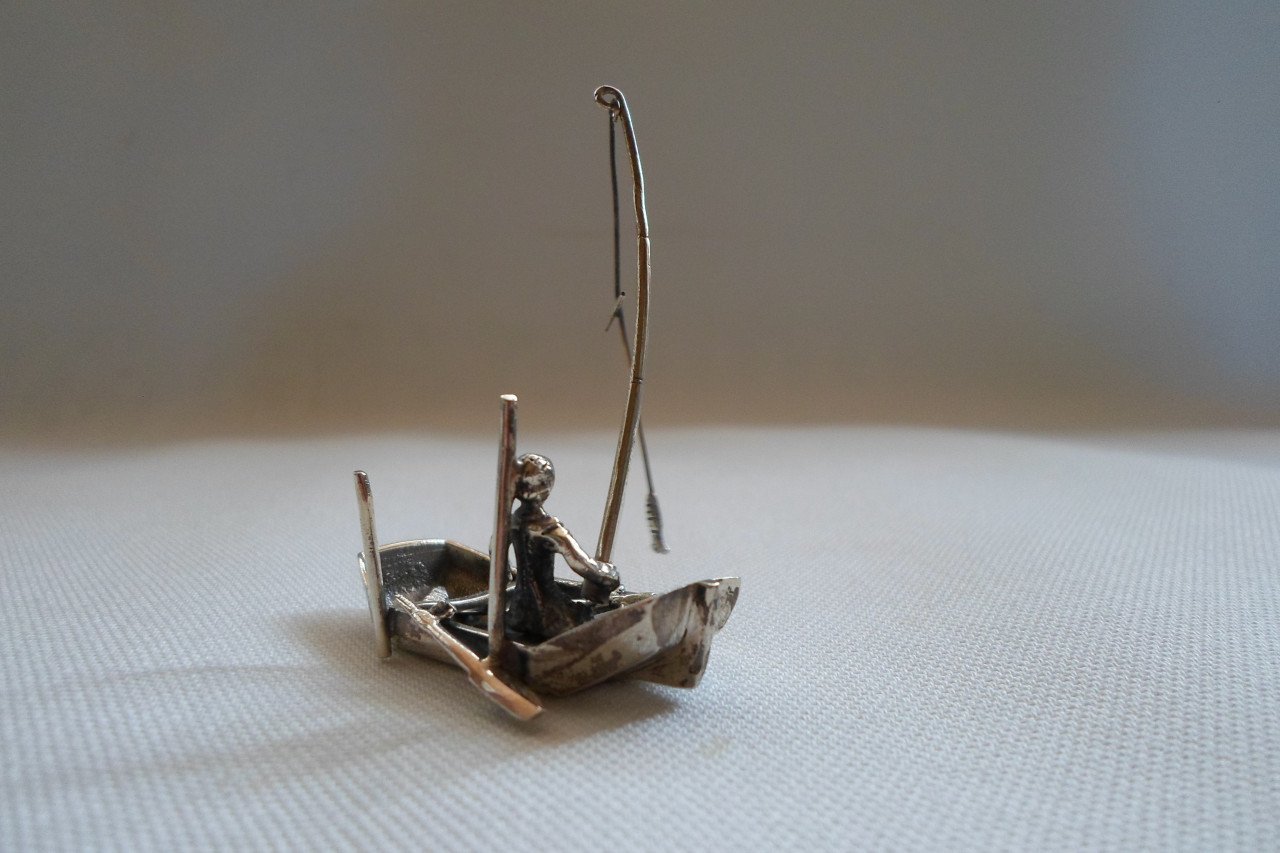 Zilver Miniatuur Visser Boot Hengel