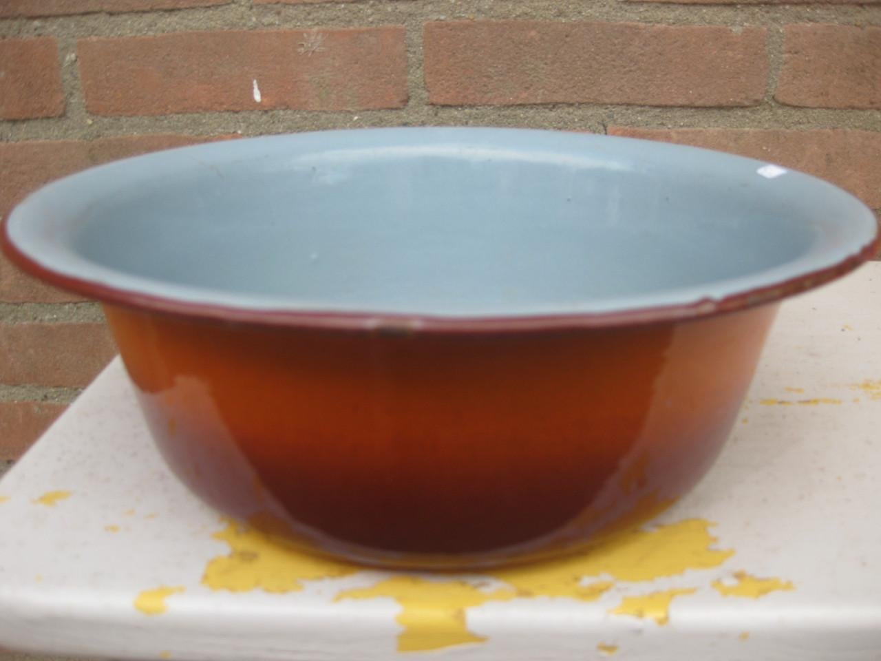 EMAILLE SCHAAL ORANJE/ROOD/GRIJS