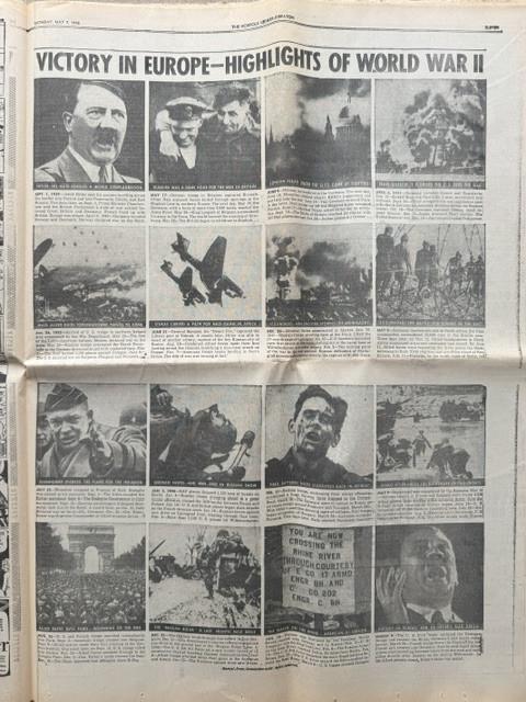 Krant “Norfolk Ledger-Dispatch” van 7 mei 1945, einde tweede wereldoorlog
