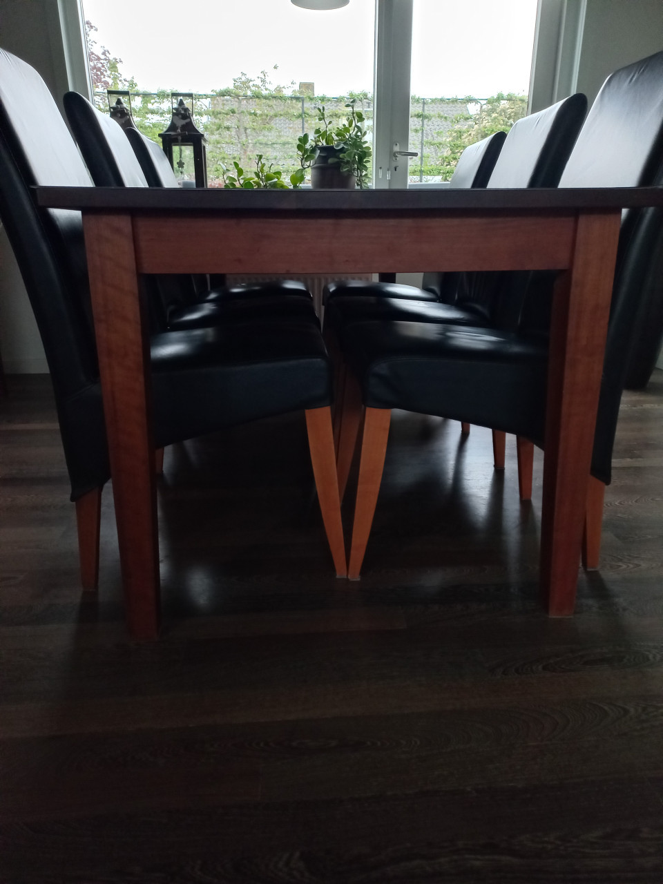 Eetkamertafel + 6 lederen stoelen