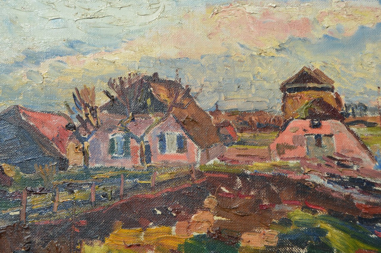 Olieverf op doek: boerderijtje (in Engeland?)