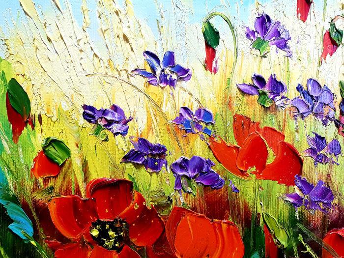 " Flowers in the Meadow "Prachtig Olieverfschilderij van Urszula Lemańska