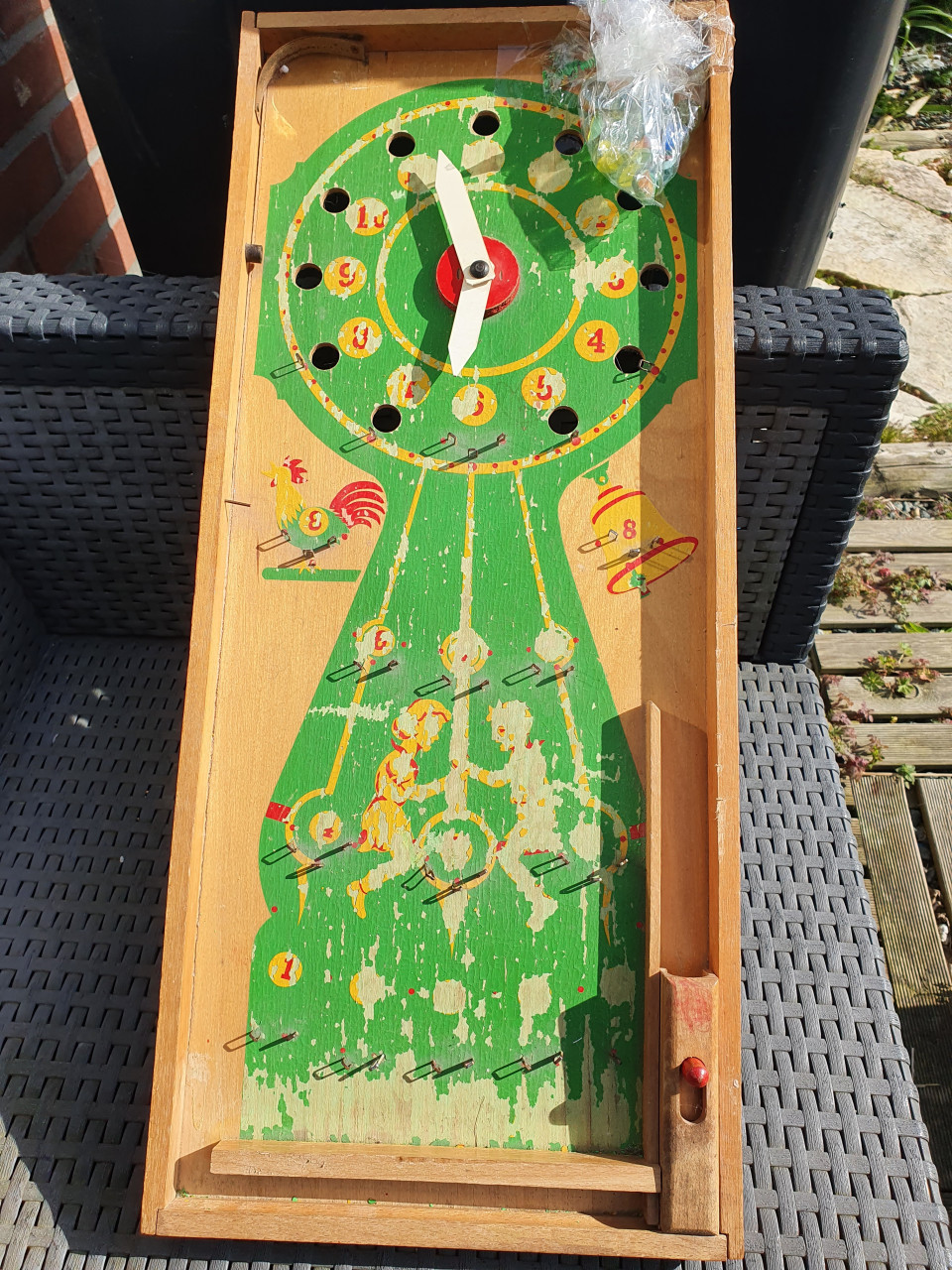 Grappig vintage trekbiljart / knikkerspel van het merk HOMAS - Hout...