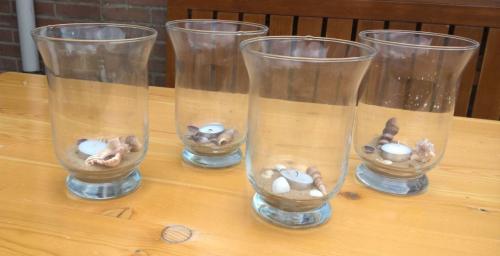Grote glas theelichthouders 19 cm + schelpen + kaarsen!