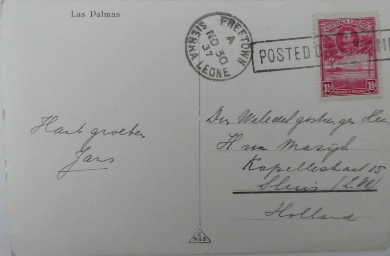 POSTED ON STEAMER, 1937, postzegel Sierra Leone, kaart Las Palmas