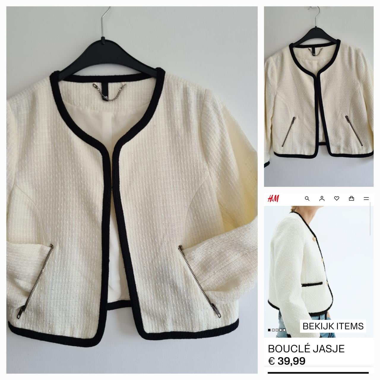 H&M bouclé jasje in de kleur room wit met zwarte bies. Maat 40