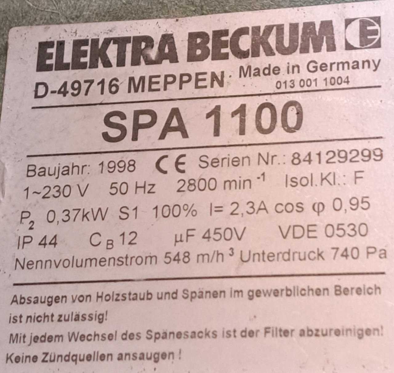Elektra Beckum (Metabo) SPA 1100 stofafzuiging incl. fijnstoffilter (230V)