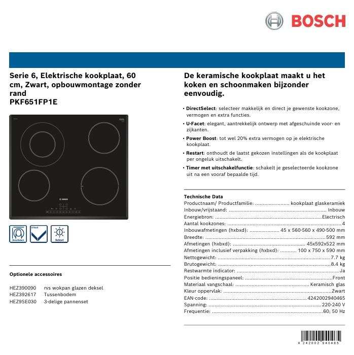 Z.G.A.N. Bosch Keramische kookplaat 60 cm Zwart. (inbouw)