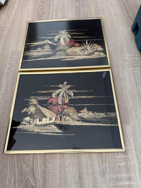 Vintage retro Aziatische rijststro kunst. (2 stuks)