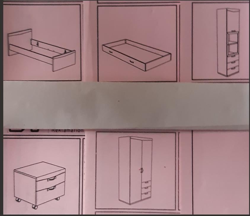 Slaapkamer ledikant, lattenbodem, lade, nachtkastje, kast 2-deurs, 2 x kast