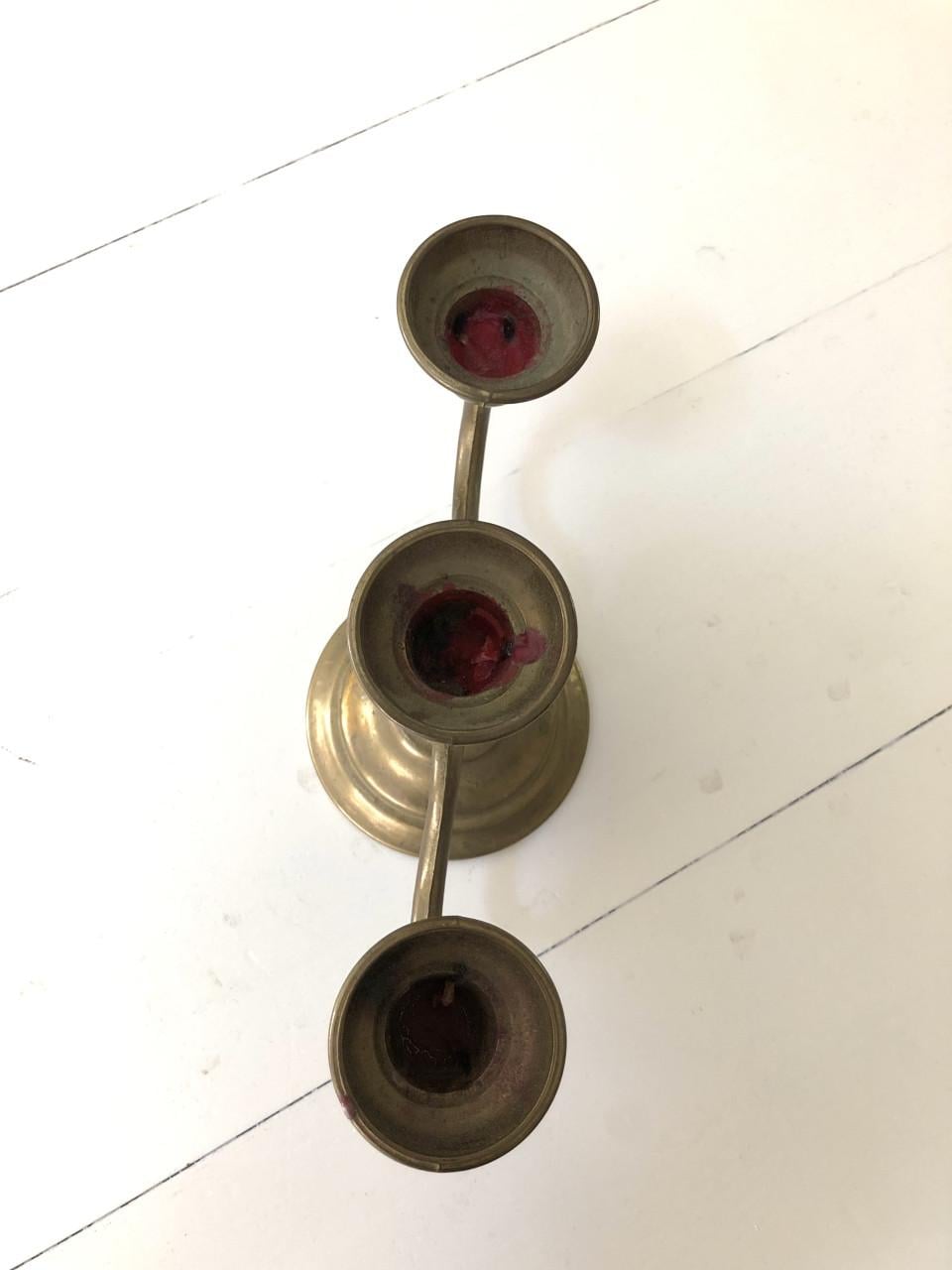 Mooie oude brocante messing kandelaar voor 3 kaarsen