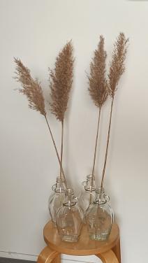 4 Glazen kruikjes met pluimpje. Hoogte 16,5 cm. Breedste deel 9 cm.