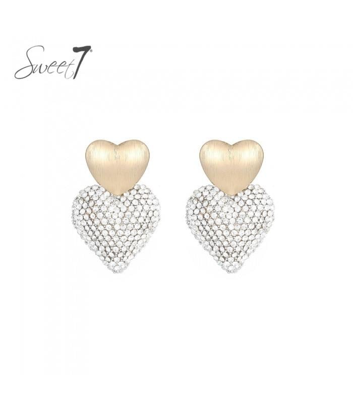 Oorbellen goudkleurig met dubbele hartvorm en heldere steentjes