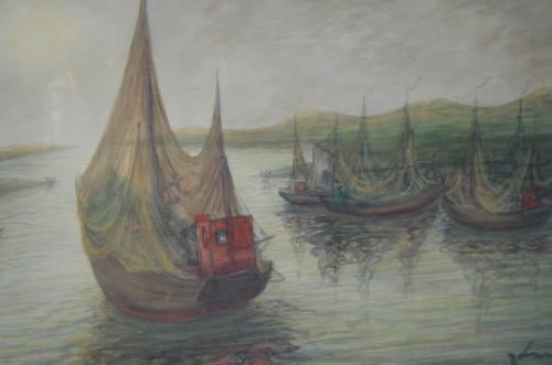Groot schilderij Vissersscheepjes in goede staat Theo Idserda