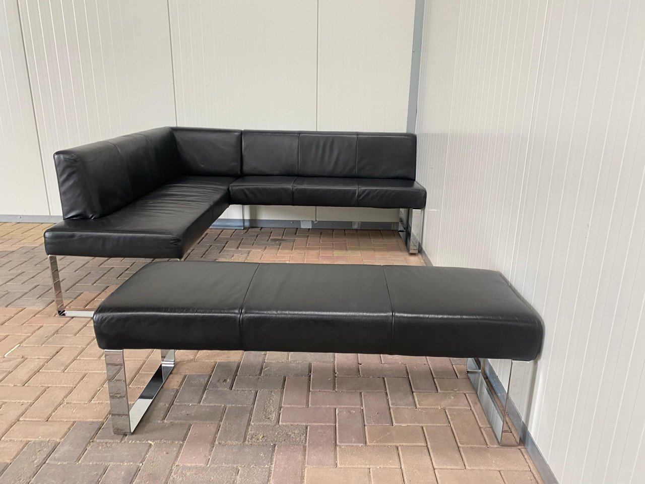 GRATIS LEVERING HEEL NL Zwart Echt Leer Eet Hoekbank met Hocker