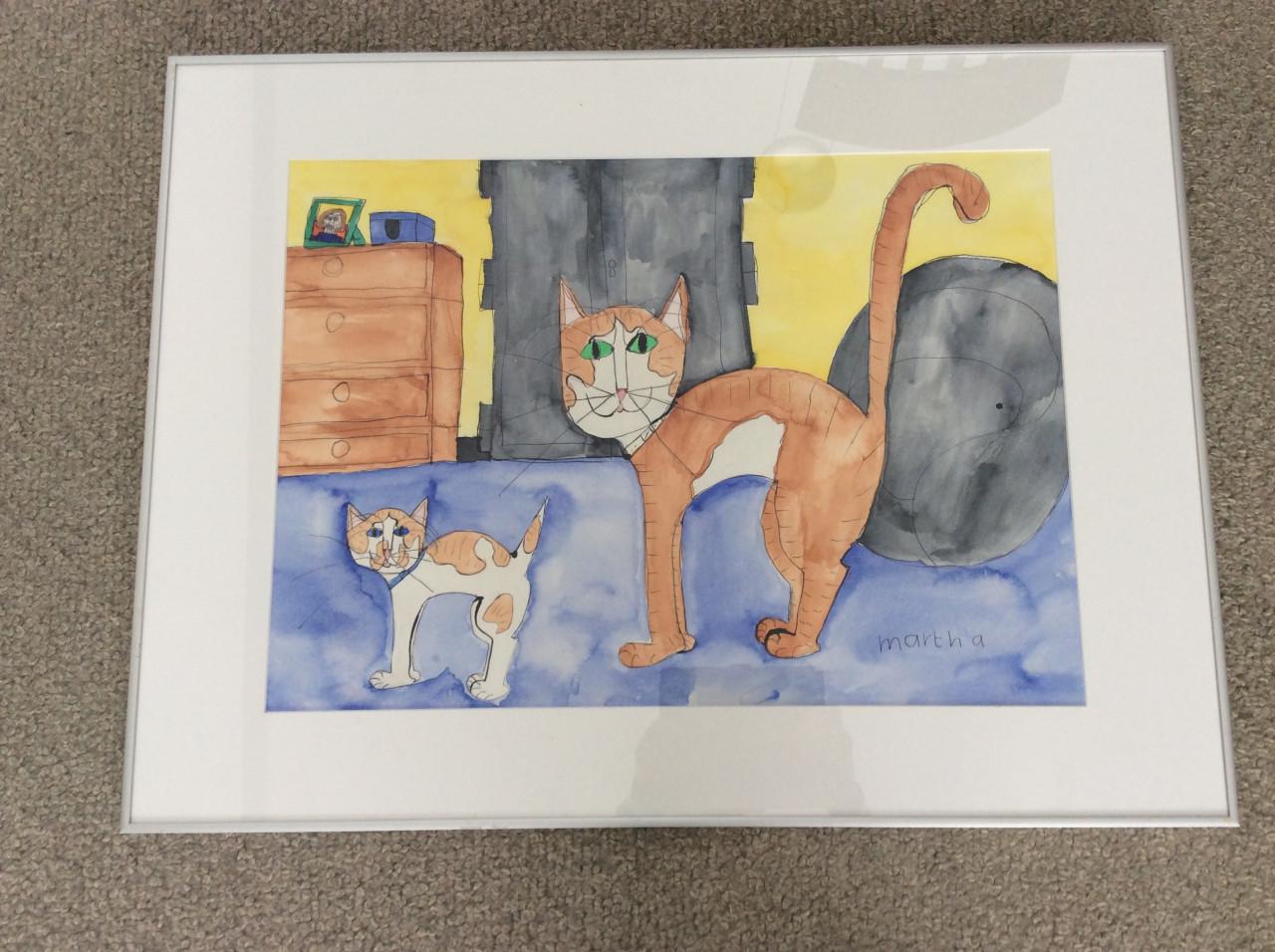 Aquarel 60x43 cm.  2 poezen.     Kunstenares: Martha.    Lijst: 81x61 cm.