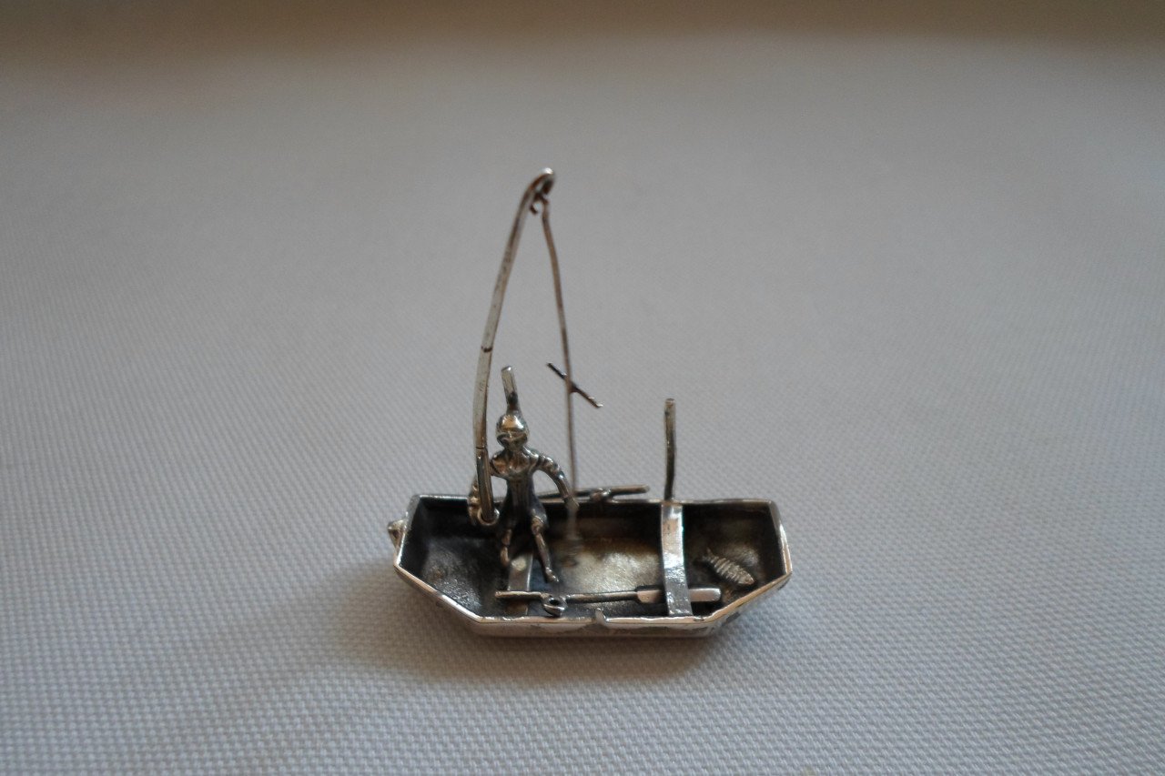 Zilver Miniatuur Visser Boot Hengel